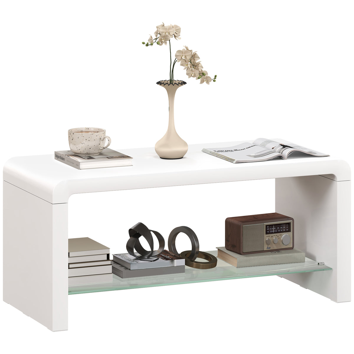 100 cm Curved 2-Tier Coffee Table with Glass Shelf – High Gloss White