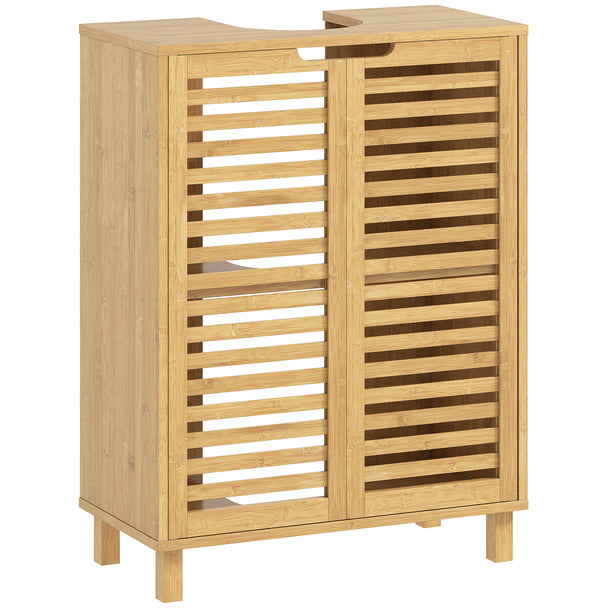 Natural under sink bathroom cabinet with louvred bamboo doors and grooved handles
