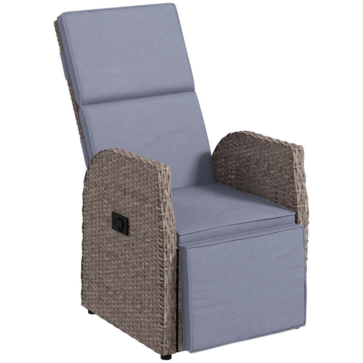 Brown rattan reclining garden armchair with grey cushion, footrest and side table