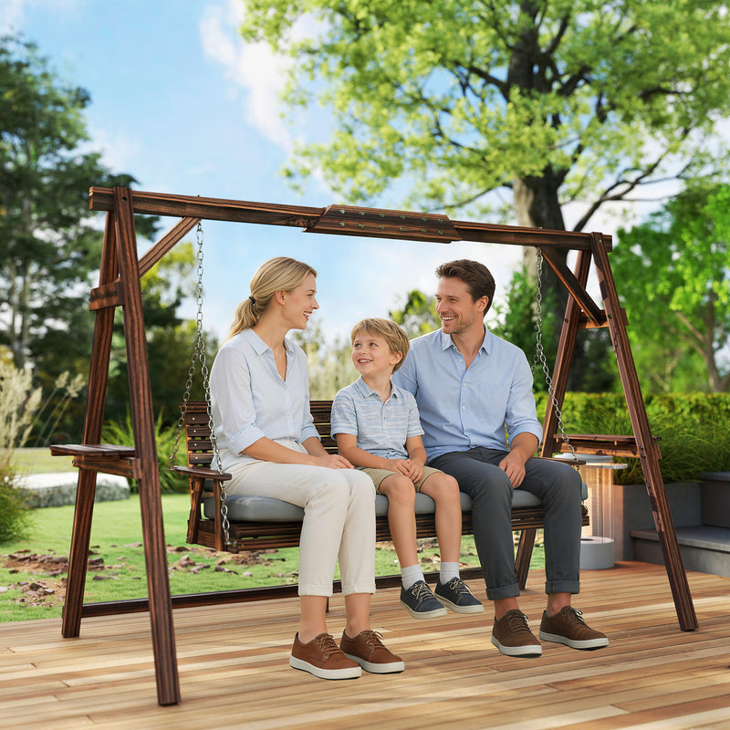 Outsunny 3 Seater Garden Swing Seat, Wooden Swing Chair Bench with Cushion, Side Trays and Metal Chains, for Outdoor – view 9
