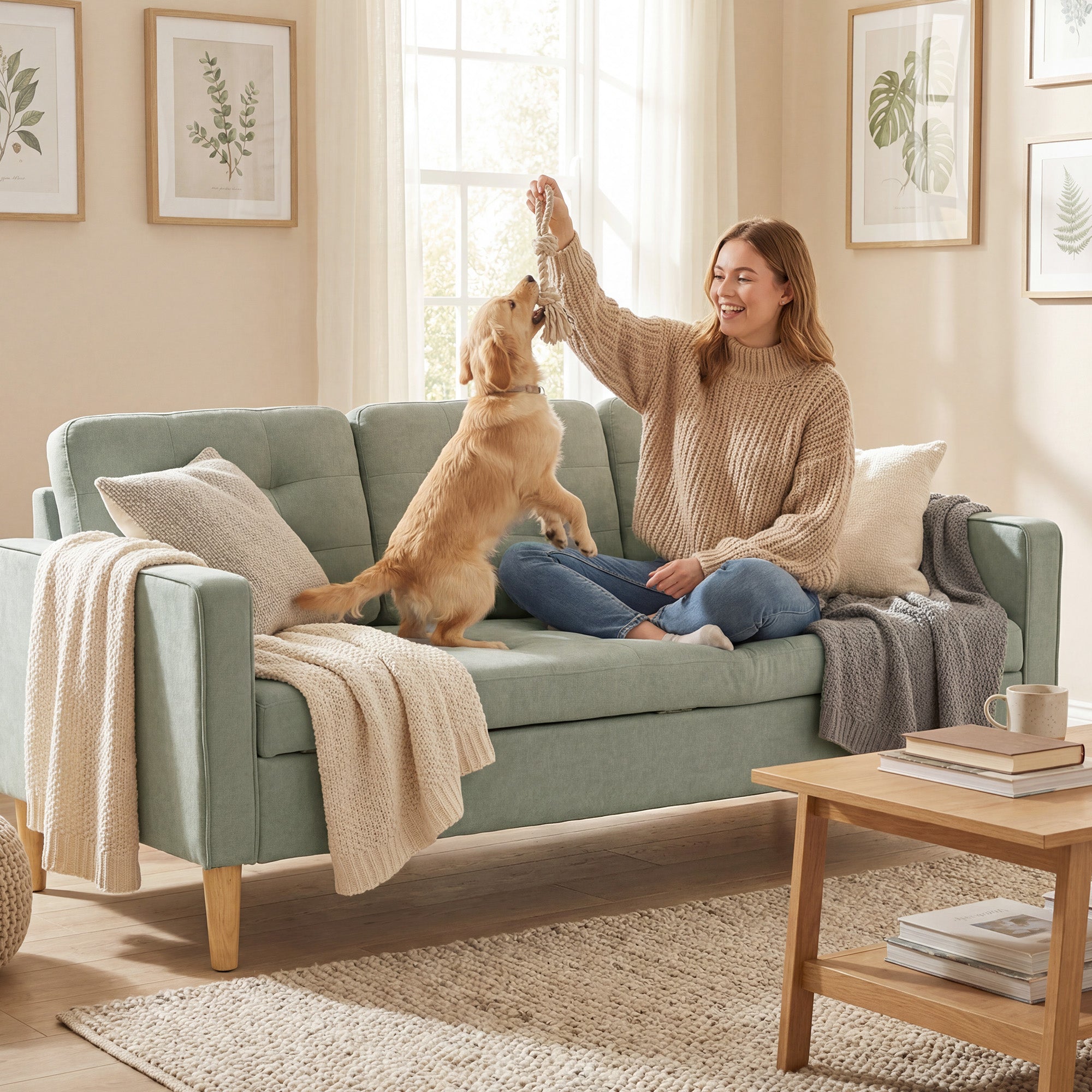 3 Seater Sofa, 169cm Couch with Hidden Storage, Wood Legs, Light Grey