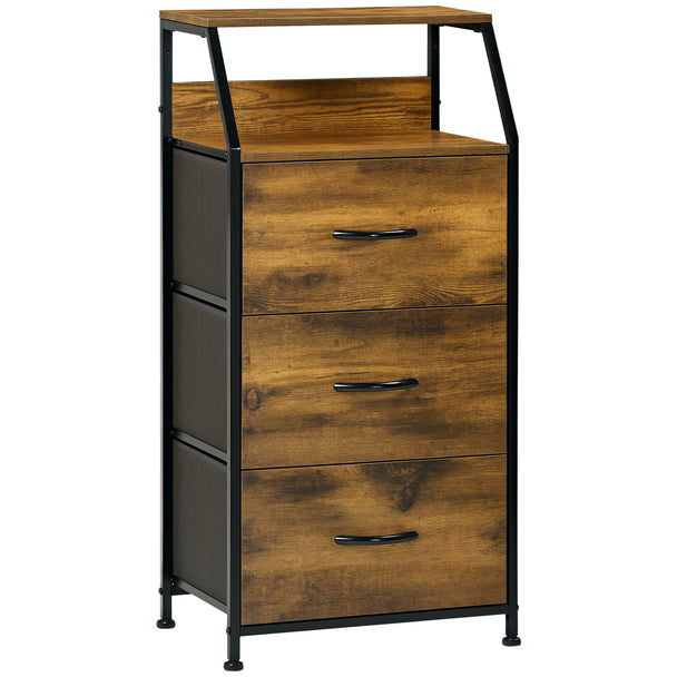 Rustic brown industrial storage cabinet with two shelves and three fabric drawers