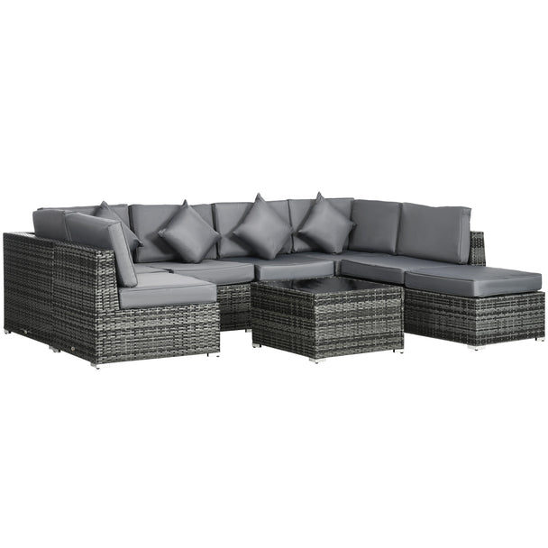 Grey 8-piece modular rattan corner sofa set with cushions, footstool and glass table