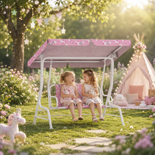 AIYAPLAY Kids Porch Swing, 2-Seater Patio Swing Bench Hammock with Seat Belts, Adjustable Canopy for Garden, Pink – view 2