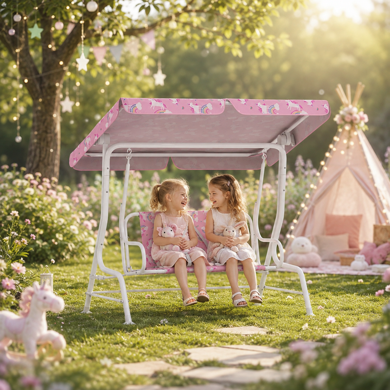 AIYAPLAY Kids Porch Swing, 2-Seater Patio Swing Bench Hammock with Seat Belts, Adjustable Canopy for Garden, Pink – view 2
