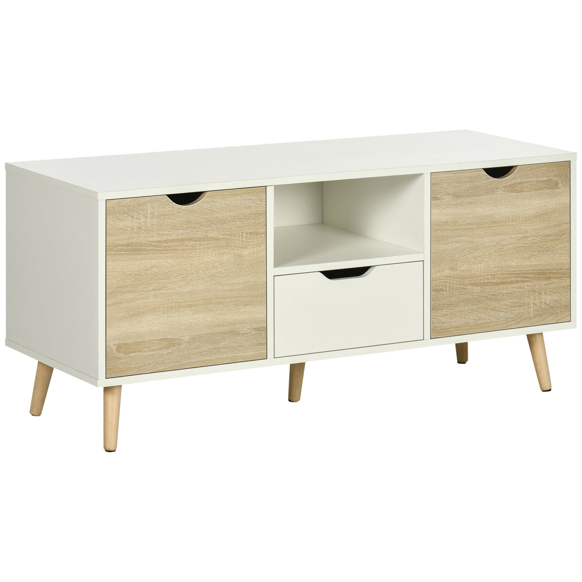 110 cm TV Stand with 2 Cupboards & Drawer – Natural & White