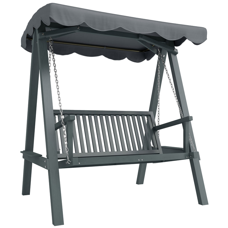 Outsunny 2 Seater Garden Swing Seat with Canopy, Wooden Swing Chair, Outdoor Hammock Bench for Balcony Patio Porch, Grey