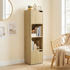 Narrow Bookcase, 4-Tier Bookshelf, Storage Cabinet with doors for Living Room, Bedroom, Oak