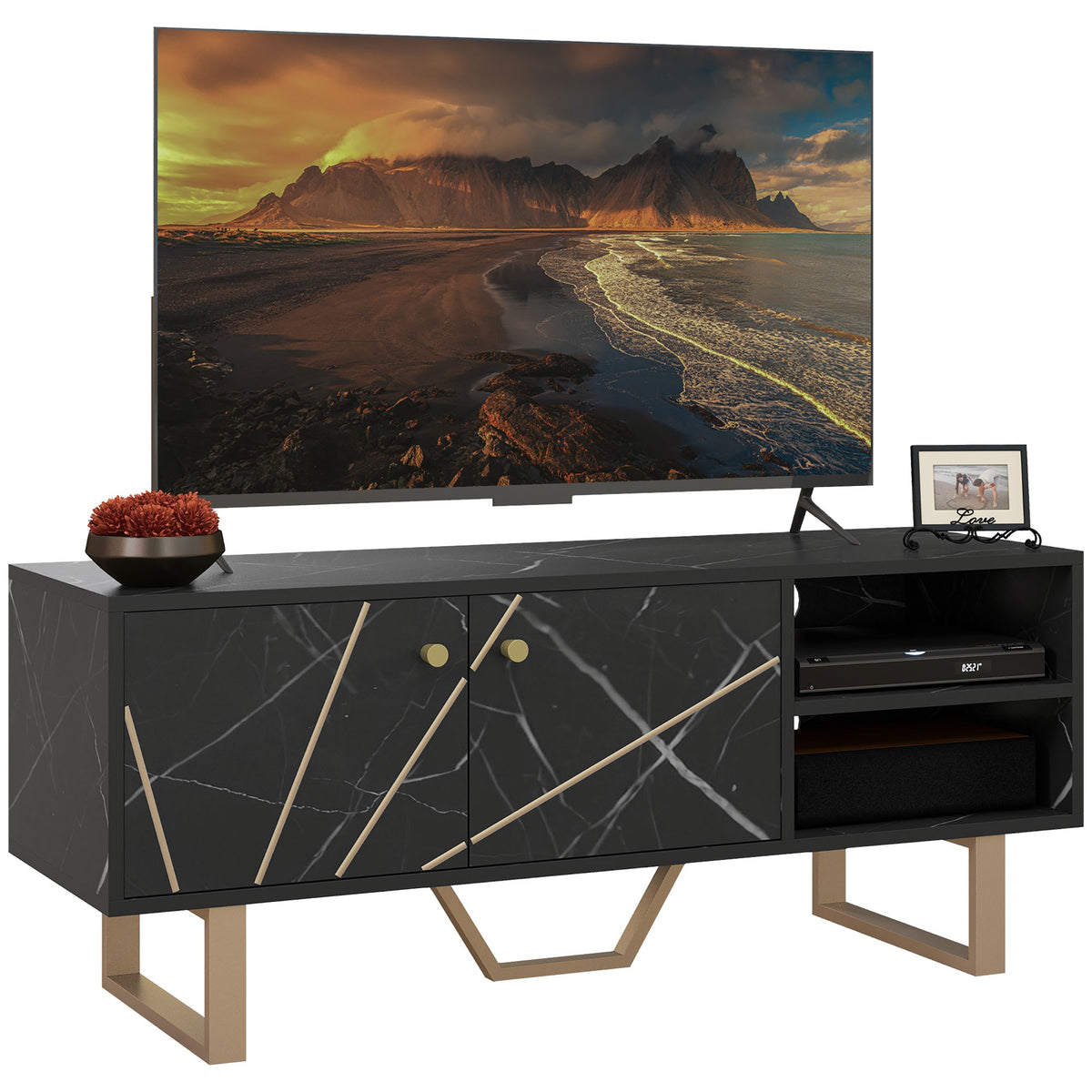 110 cm Marble-Effect TV Stand with Cupboard – Black