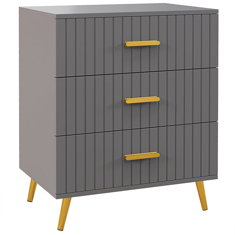 Dark grey 3-drawer chest with embossed line fronts, gold-tone handles and legs