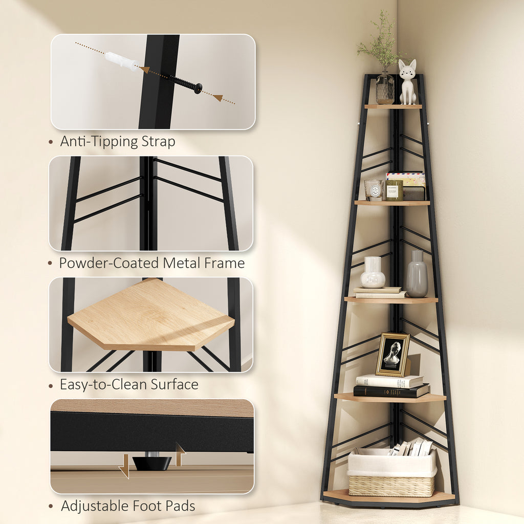Corner Bookcase, 5-Tier Floor Standing Bookshelf, Shelving Unit for Living Room, Study, Bedroom, Natural Wood Finish
