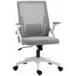 Grey mesh office chair with lumbar support, padded seat, flip-up armrests and swivel wheels