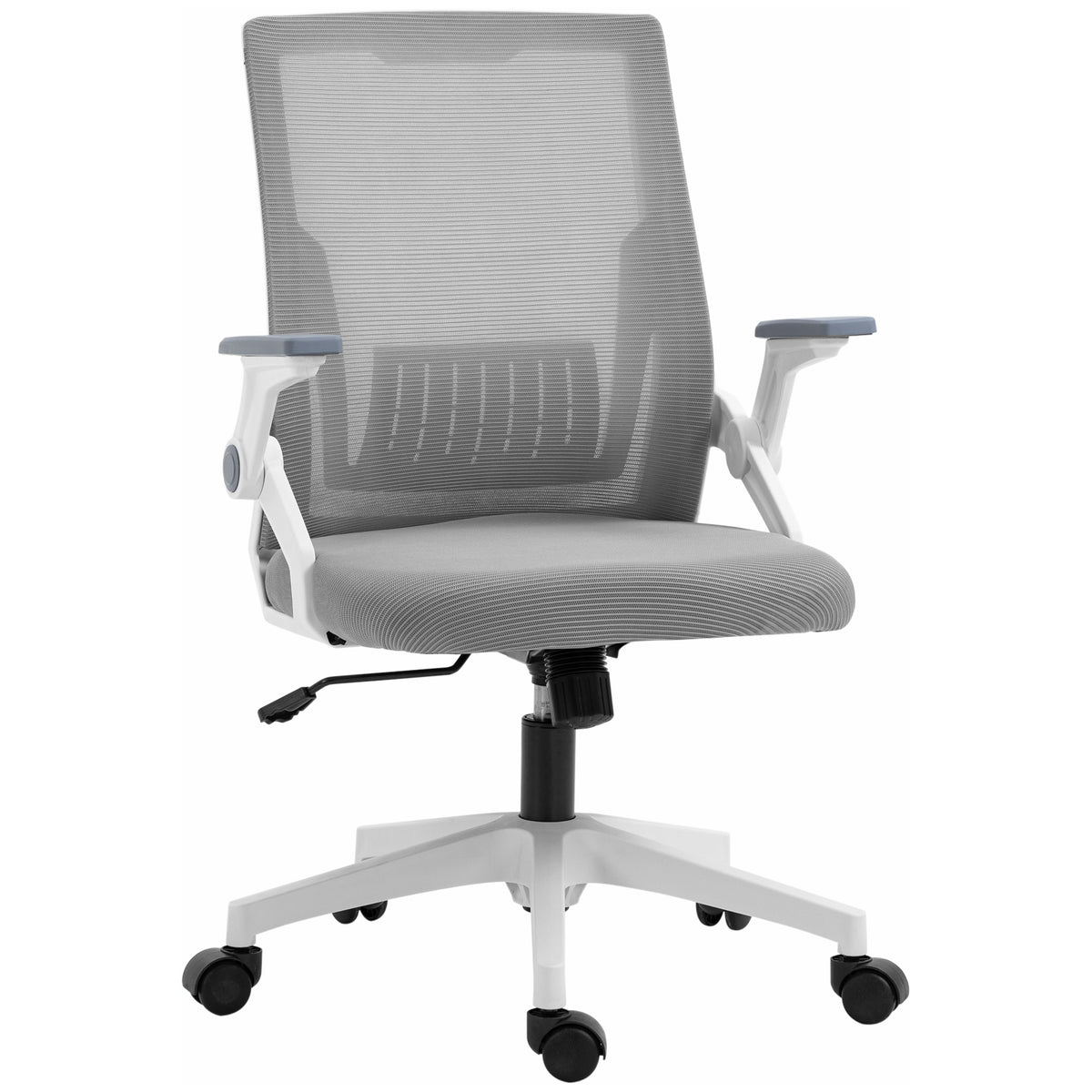 Grey mesh office chair with lumbar support, padded seat, flip-up armrests and swivel wheels