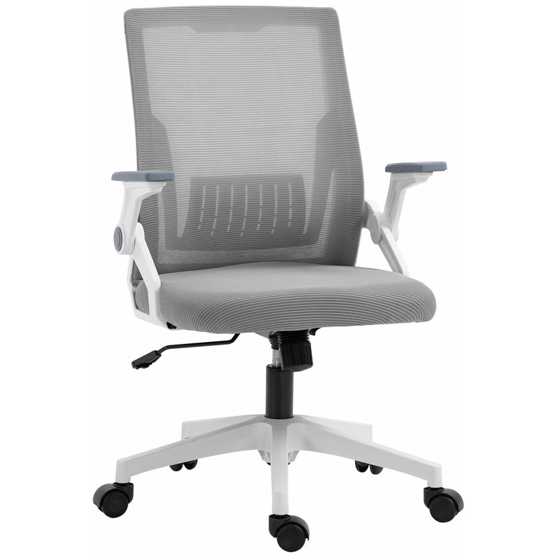Grey mesh office chair with lumbar support, padded seat, flip-up armrests and swivel wheels