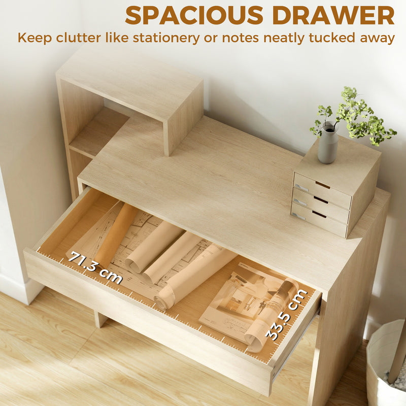 HOMCOM Desk with Storage, Computer Desk with 3 Open Shelves and Drawer, Workstation, Computer Table, Natural – view 5