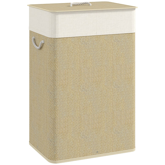 72 L natural woven bamboo laundry basket with lid and rope handles