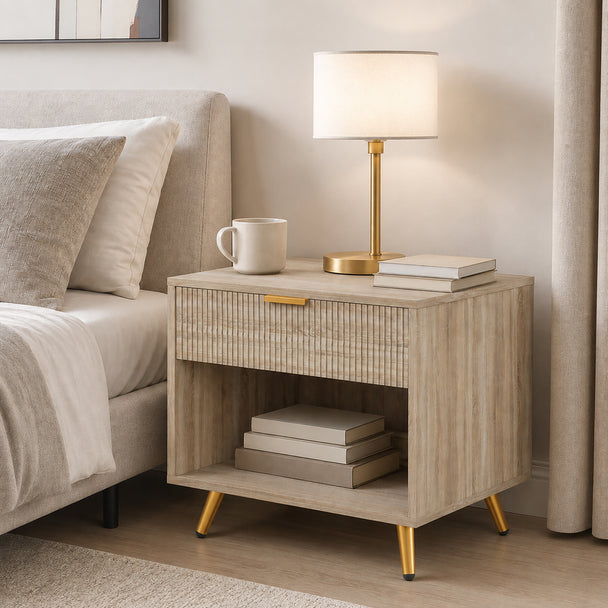 HOMCOM Bedside Table with Drawer and Open Compartment, Nightstand with Handle for Bedroom, Living Room, Natural Wood – view 2