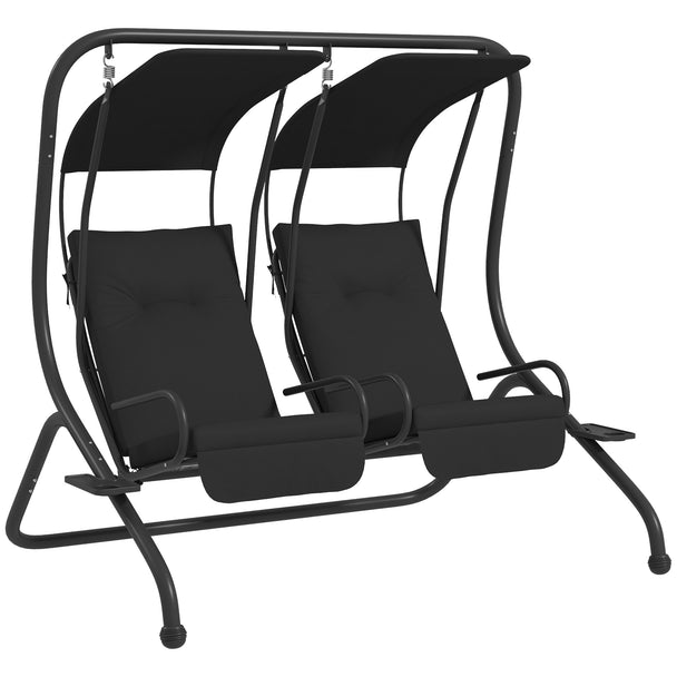 Black 2-seat garden swing with independent rocking seats, canopies and cup holders