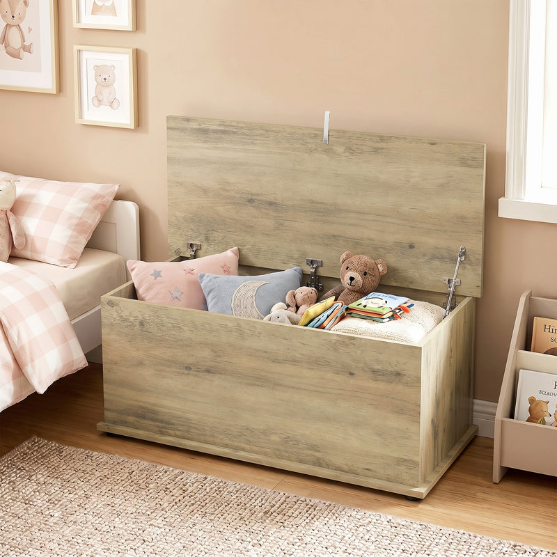 HOMCOM Large 114L Storage Chest Grey Wood Bench Trunk with Safety Lid for Bedroom Hallway and Living Room 100 x 40 x – view 7