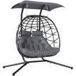 Black double PE rattan hanging egg chair with steel stand, grey sun canopy, cushion and head pillows