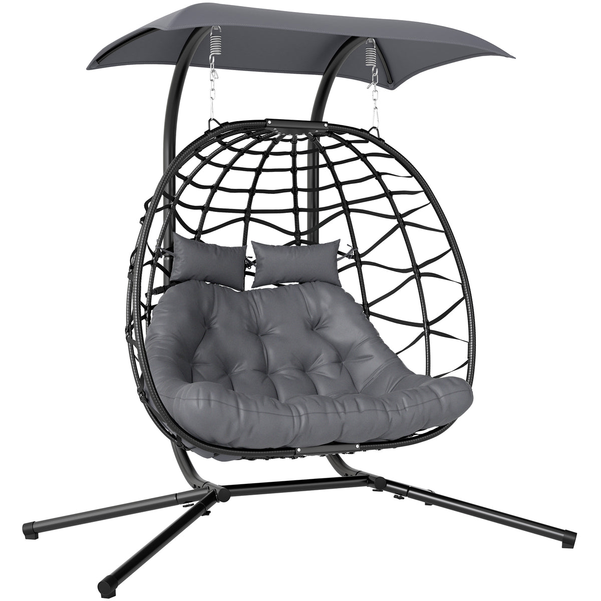 Black double PE rattan hanging egg chair with steel stand, grey sun canopy, cushion and head pillows
