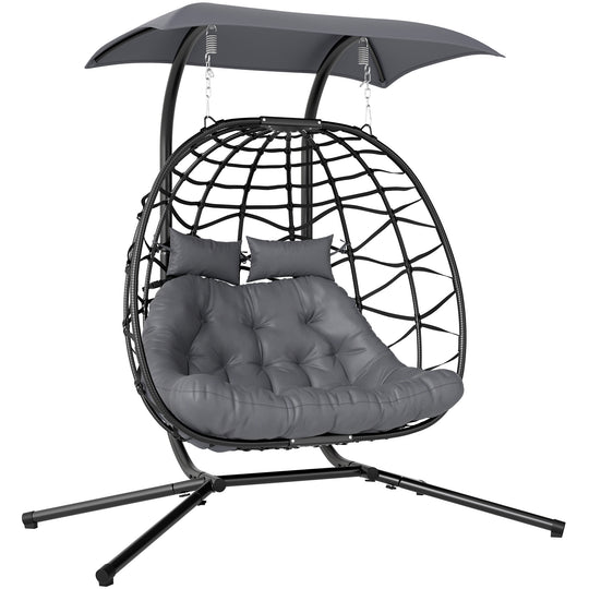 Black double PE rattan hanging egg chair with steel stand, grey sun canopy, cushion and head pillows