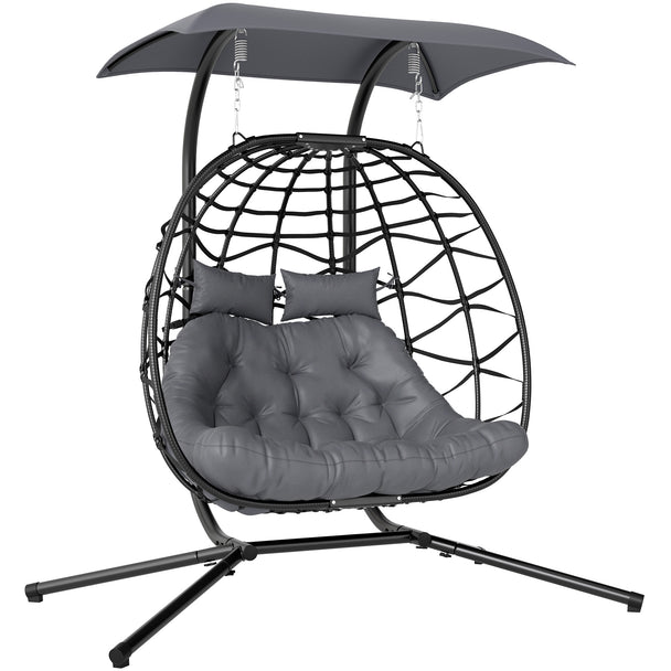Black double PE rattan hanging egg chair with steel stand, grey sun canopy, cushion and head pillows