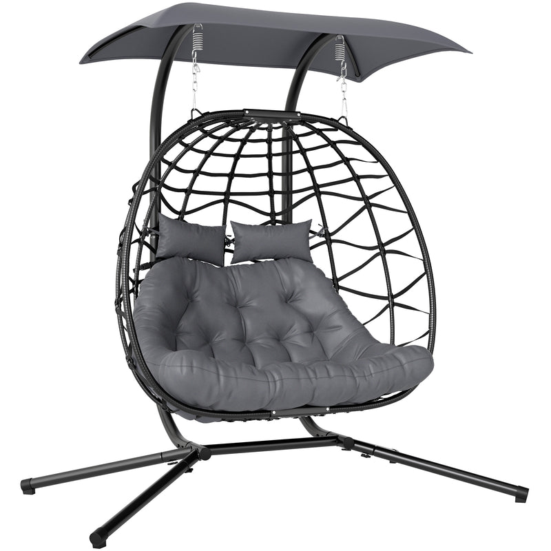 Black double PE rattan hanging egg chair with steel stand, grey sun canopy, cushion and head pillows