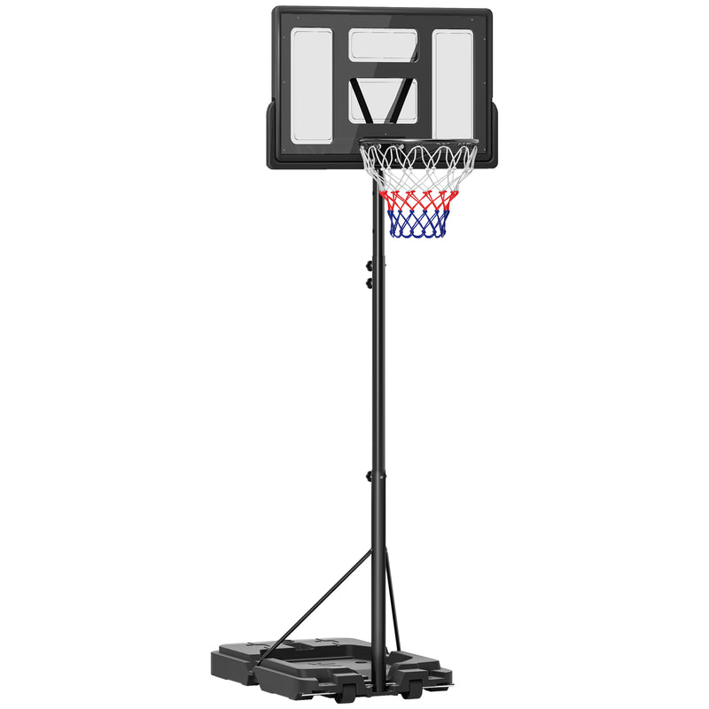Black portable basketball hoop and stand with weighted base, wheels and dual-spring rim