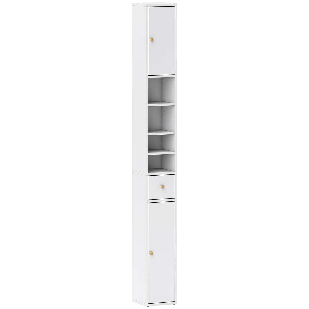 Narrow white 178 cm bathroom cabinet with two cupboards, drawer and open shelves