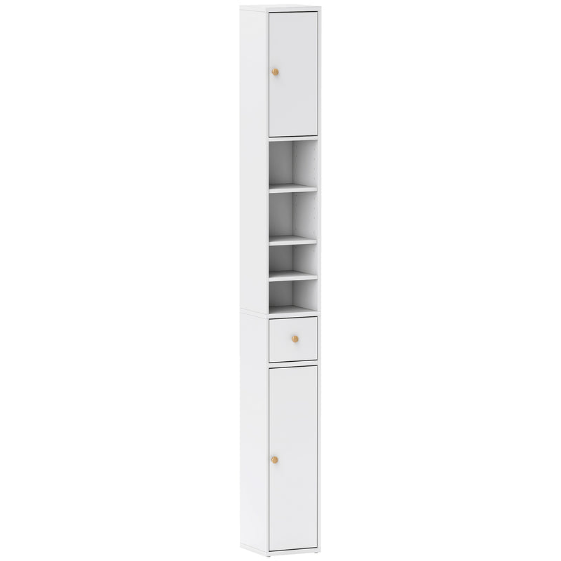 Narrow white 178 cm bathroom cabinet with two cupboards, drawer and open shelves