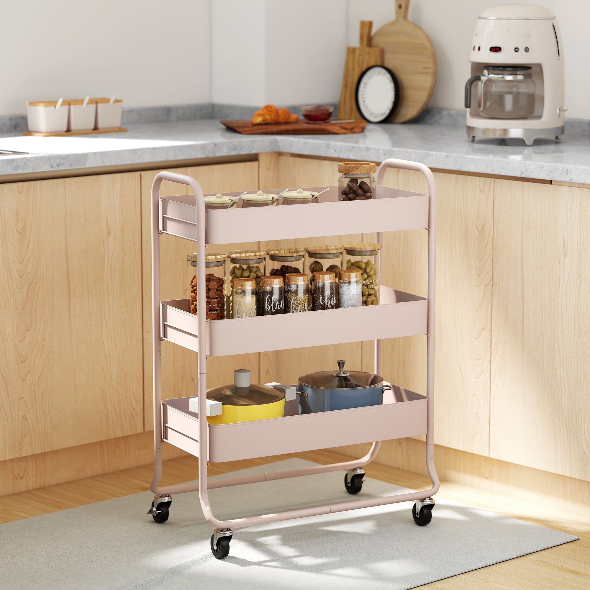 HOMCOM 3-Tier Storage Trolley on Wheels with Mesh Baskets - Light Pink