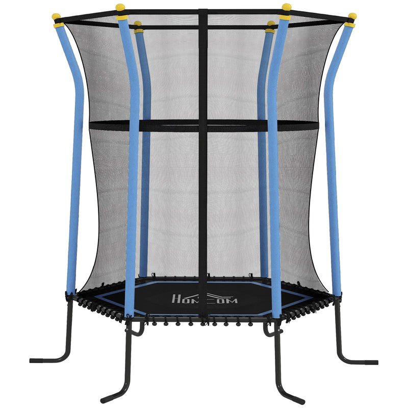 Blue mini kids trampoline with enclosure net, padded poles and zipped door
