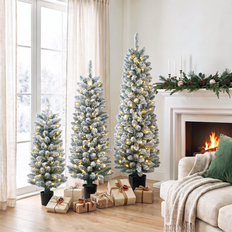 Set of 3 pre-lit snowy pencil trees, warm white – image 2
