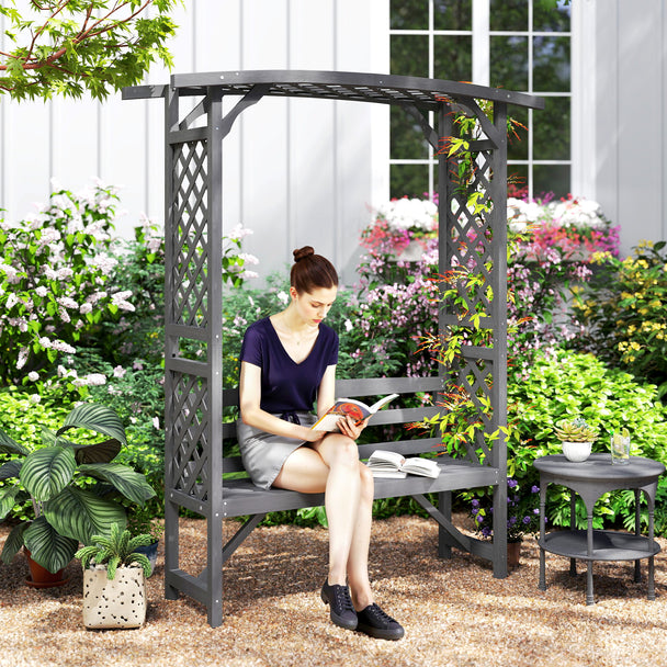 Outsunny Garden Bench, Wooden Garden Arbour with Seat for Vines/Climbing Plants, Grey – view 2