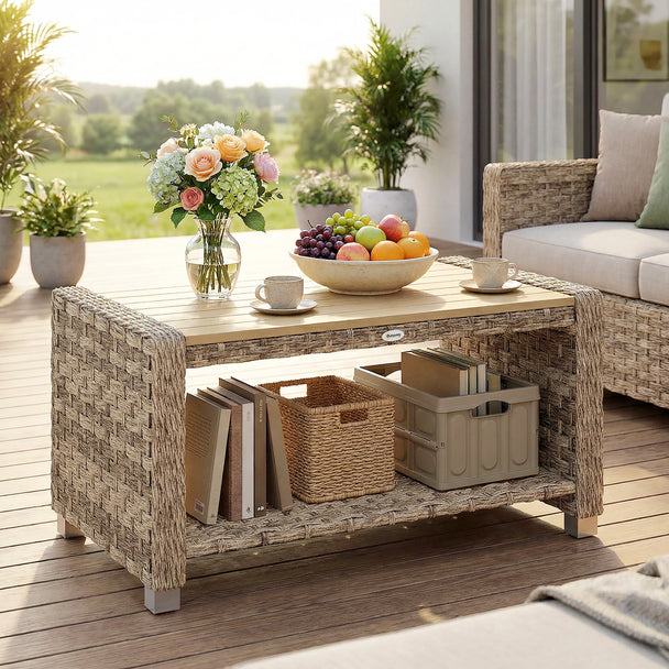 Outsunny Outdoor Coffee Table with Storage Shelf, PE Rattan Side Table with Slatted Top and Foot Pads, Light Brown – view 2