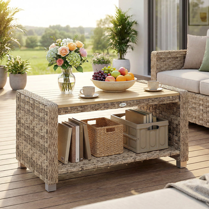 PE rattan coffee table with shelf light brown – image 2