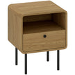 Oak-effect bedside table with drawer, open shelf, rounded corners and black steel legs