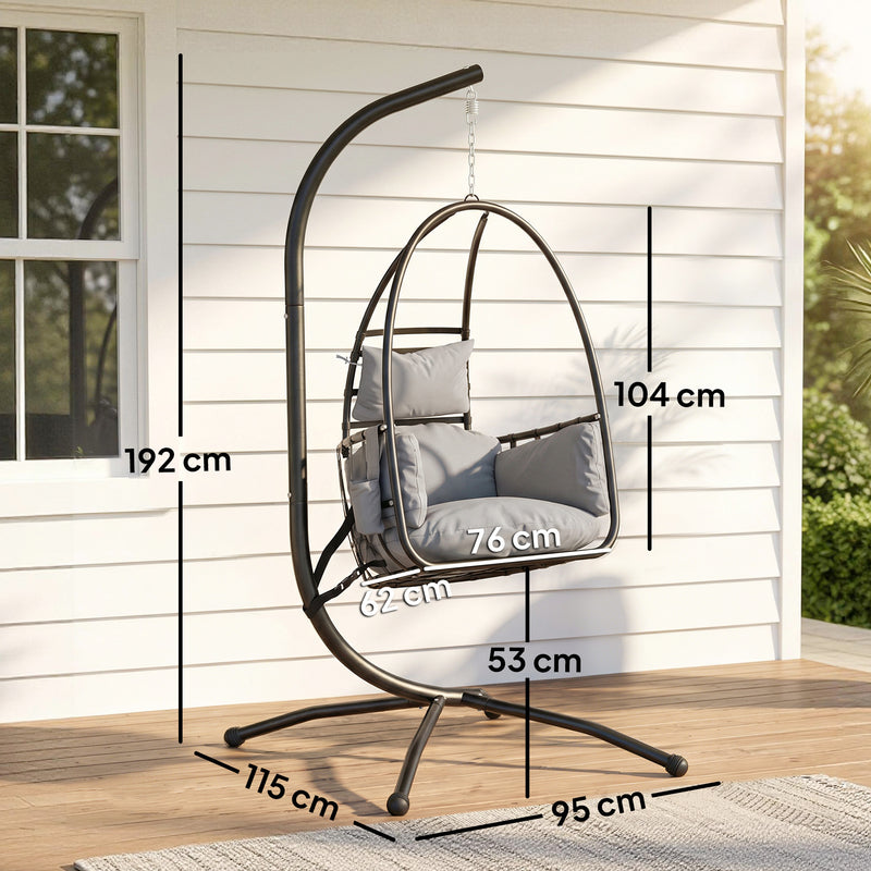 Outsunny Hanging Egg Chair, Indoor Outdoor Swinging Hammock Chair with Stand, Foldable Basket, Side Pocket, Dark Grey – view 3