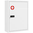 White wall-mounted steel medicine cabinet with combination lock and three-tier interior including tall lower section