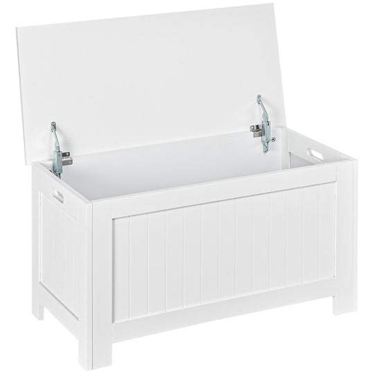 White lift-top storage chest with safety hinges and groove carry handles