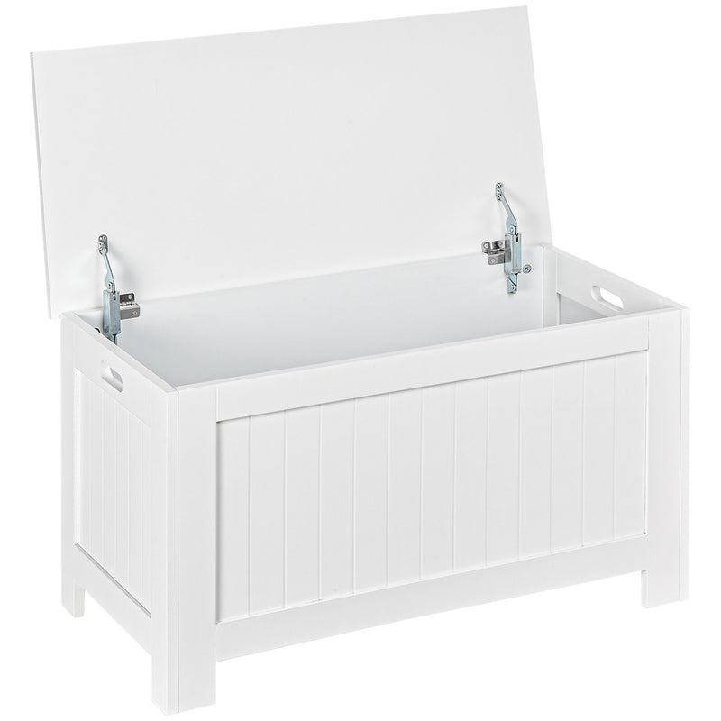 White lift-top storage chest with safety hinges and groove carry handles