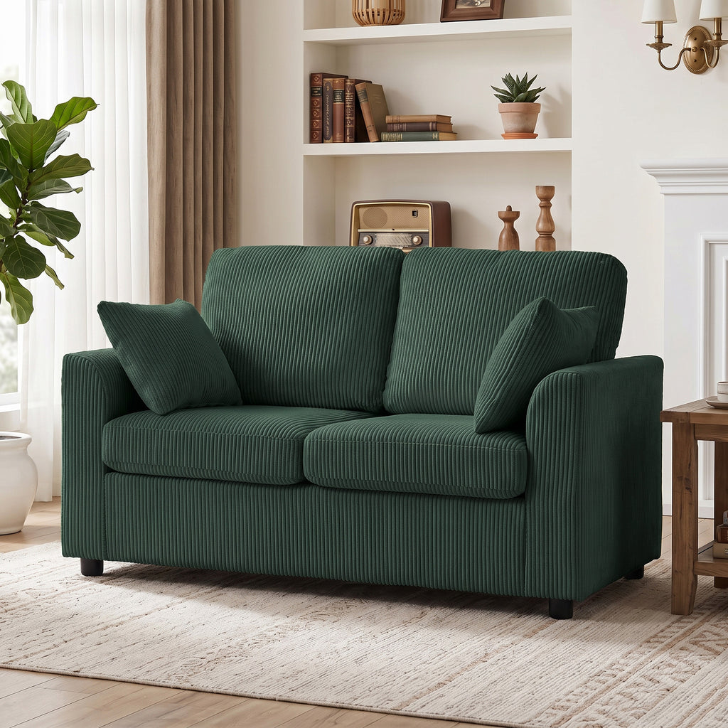 2 Seater Sofa, Corduroy Small Couch with Spring Cushion, Wide and Deep Seat, Dark Green