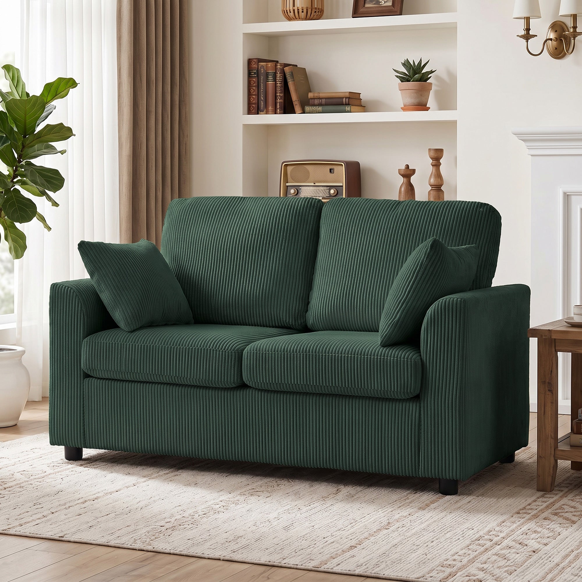 2 Seater Sofa, Corduroy Small Couch with Spring Cushion, Wide and Deep Seat, Dark Green