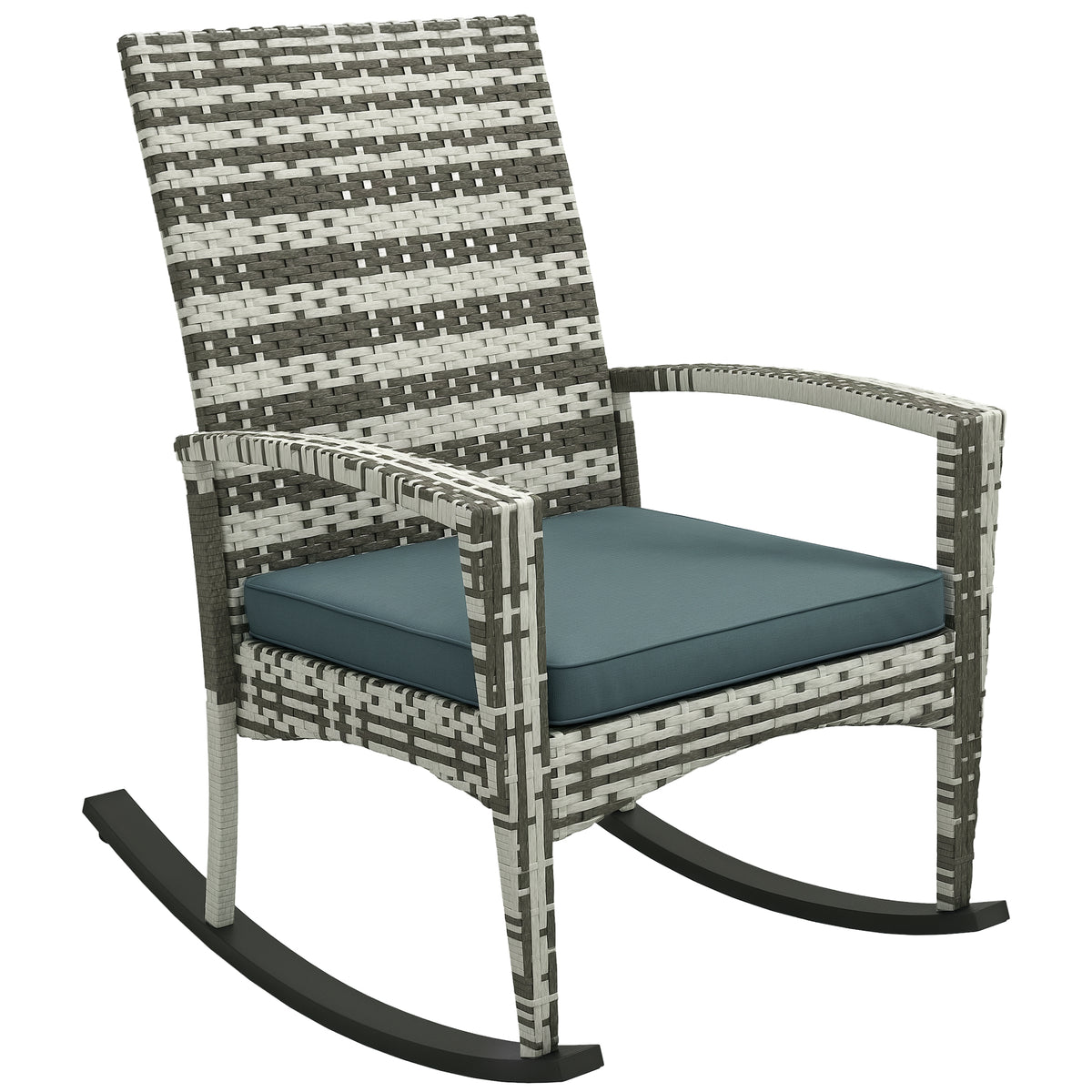 Light grey rattan garden rocking chair with high back, armrests and padded cushion
