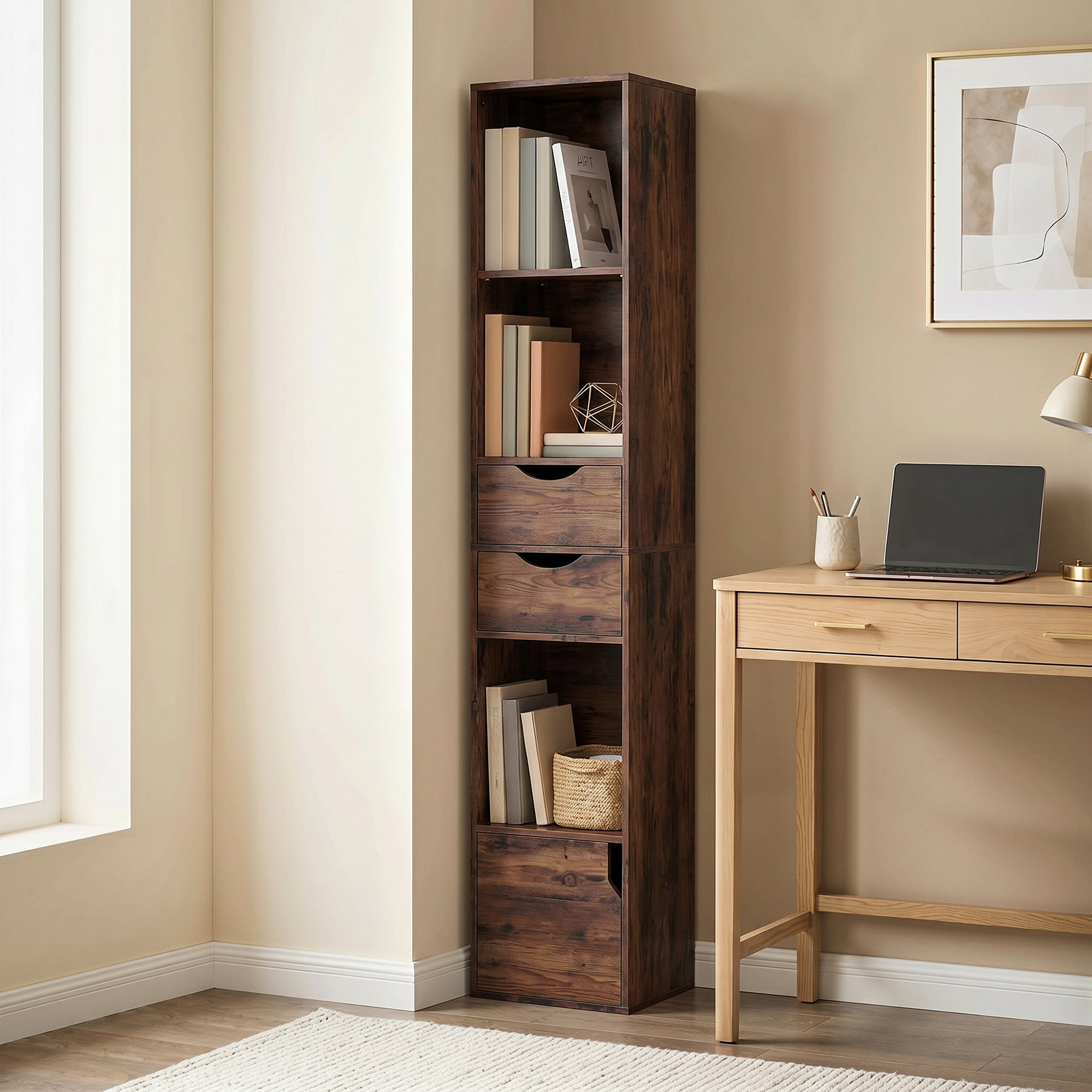 Bookcase with Drawers Adjustable Shelf Bookshelf with 2 Drawers and Cabinet 158 cm Rustic Brown