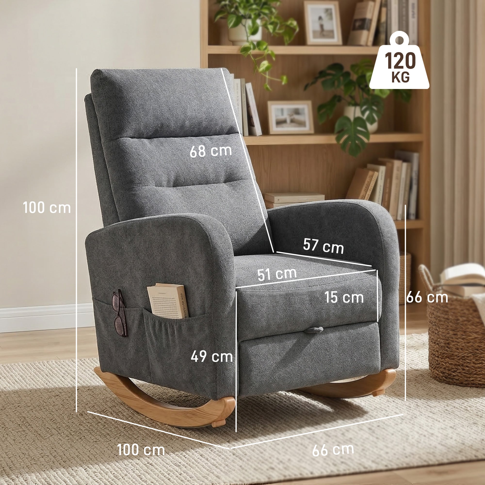Upholstered Rocking Chair Retractable Footrest Rocker Chair High Back for Living Room Grey