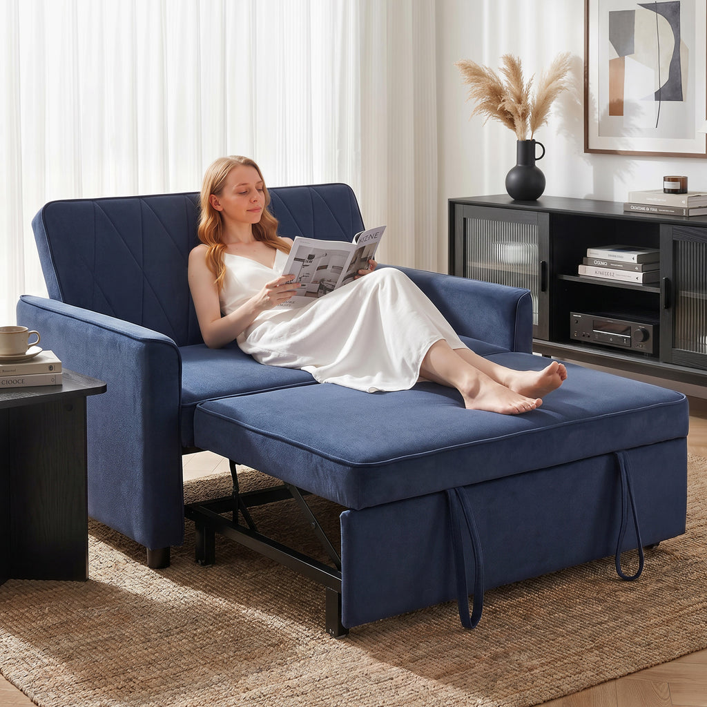 2 Seater Sofa Bed, 3-in-1 Convertible Pull Out Sleeper Sofa with Click-Clack Adjustable Backrest, Dark Blue