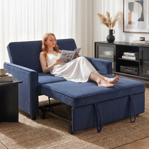 2 Seater Sofa Bed, 3-in-1 Convertible Pull Out Sleeper Sofa with Click-Clack Adjustable Backrest, Dark Blue