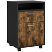 Rustic brown mobile filing cabinet with open shelf, two drawers and castors